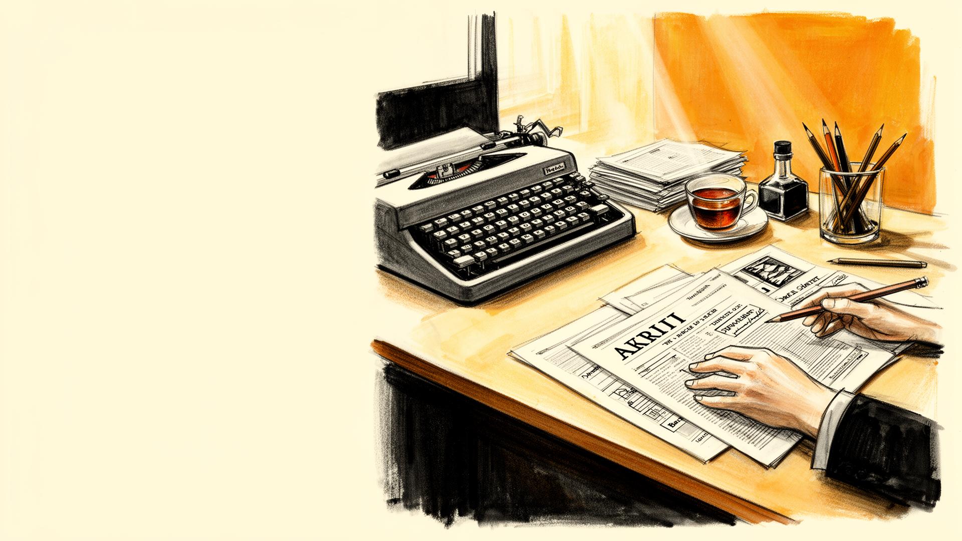 Editorial desk with vintage typewriter, proofs being annotated by hand