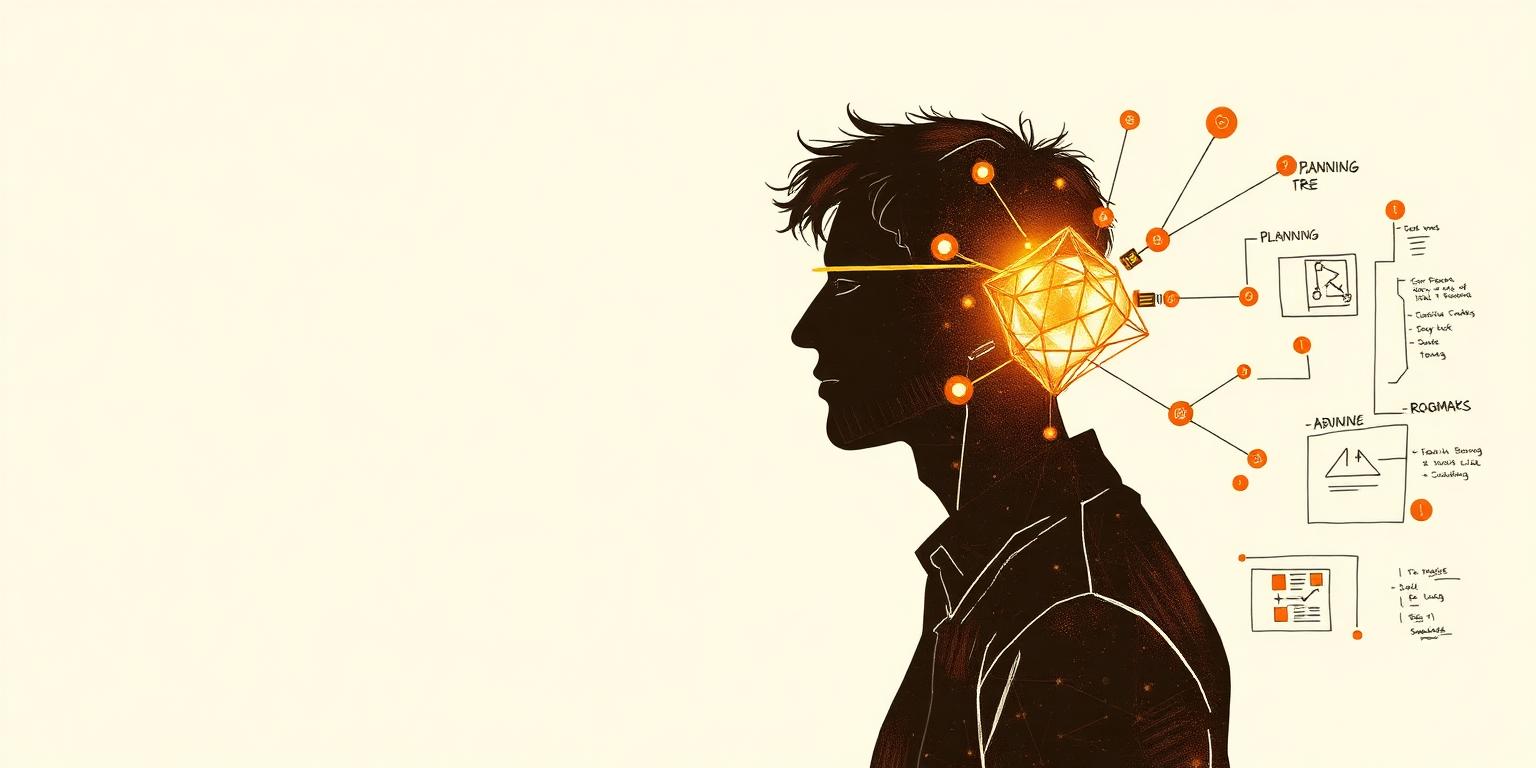 Hand-drawn illustration of a thinker collaborating with an AI network of planning diagrams, decision trees, and roadmaps