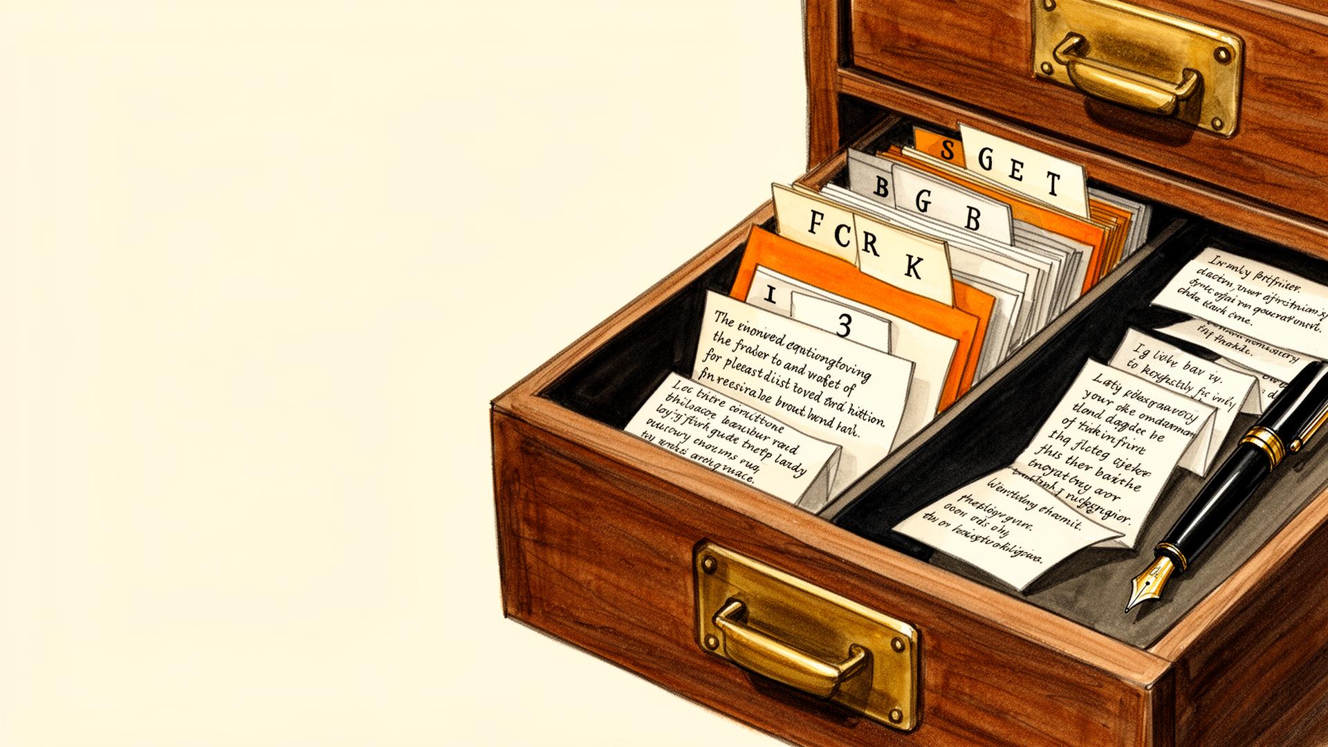 Open card-catalog drawer with alphabetical index cards and fountain pen