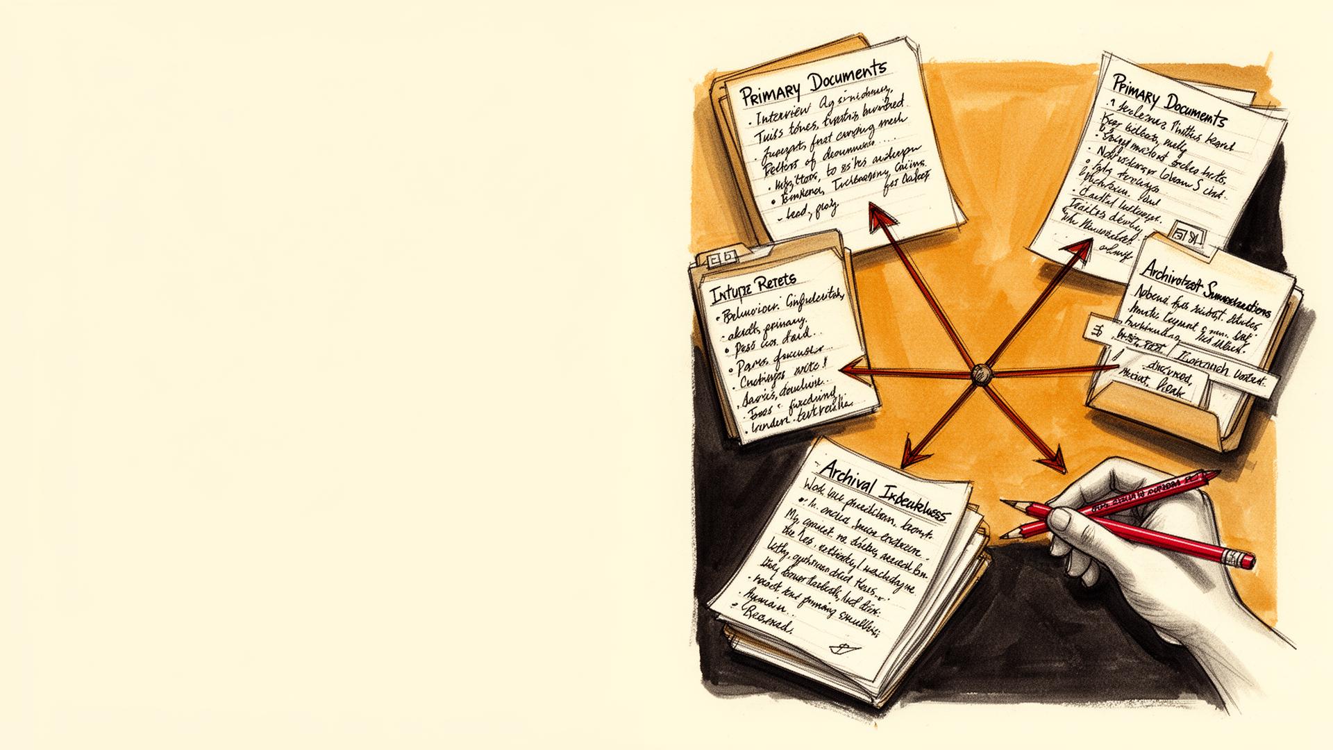 Primary documents triangulating into a single conclusion, hand annotating with red pencil