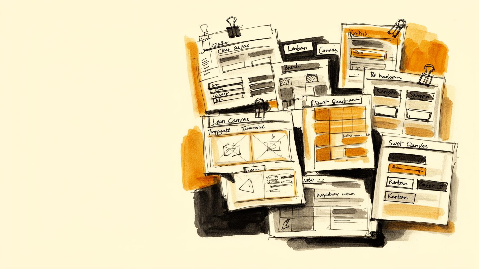 Stack of clipped lean canvas, SWOT and kanban templates rendered in ink and gouache